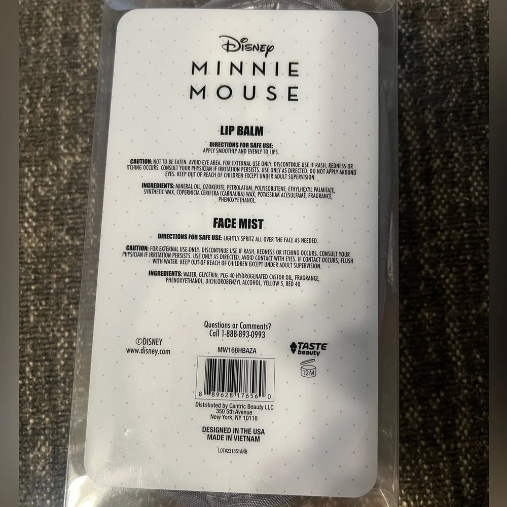 NWT Minnie Mouse Disney Sleep Mask, Lip Gloss, &  Face Mist Set